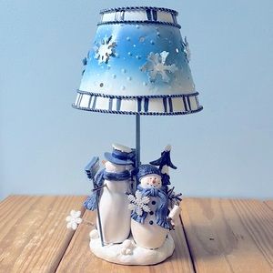 Vintage Kohl's "Let It Snow" Snowman Themed Tower Candle Holder with Blue Shade